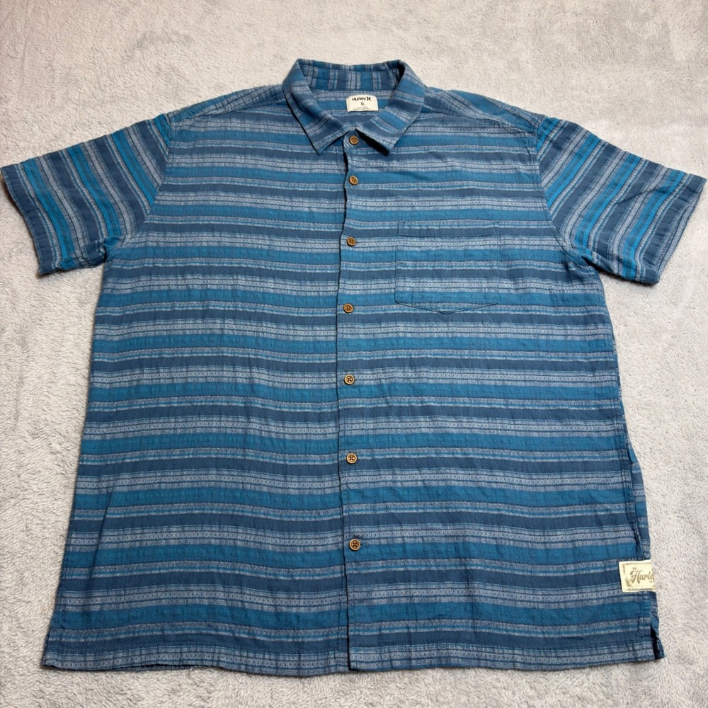 Hurley Button Down Shirt Mens XL Blue Striped Short Sleeve Cotton Casual Surf